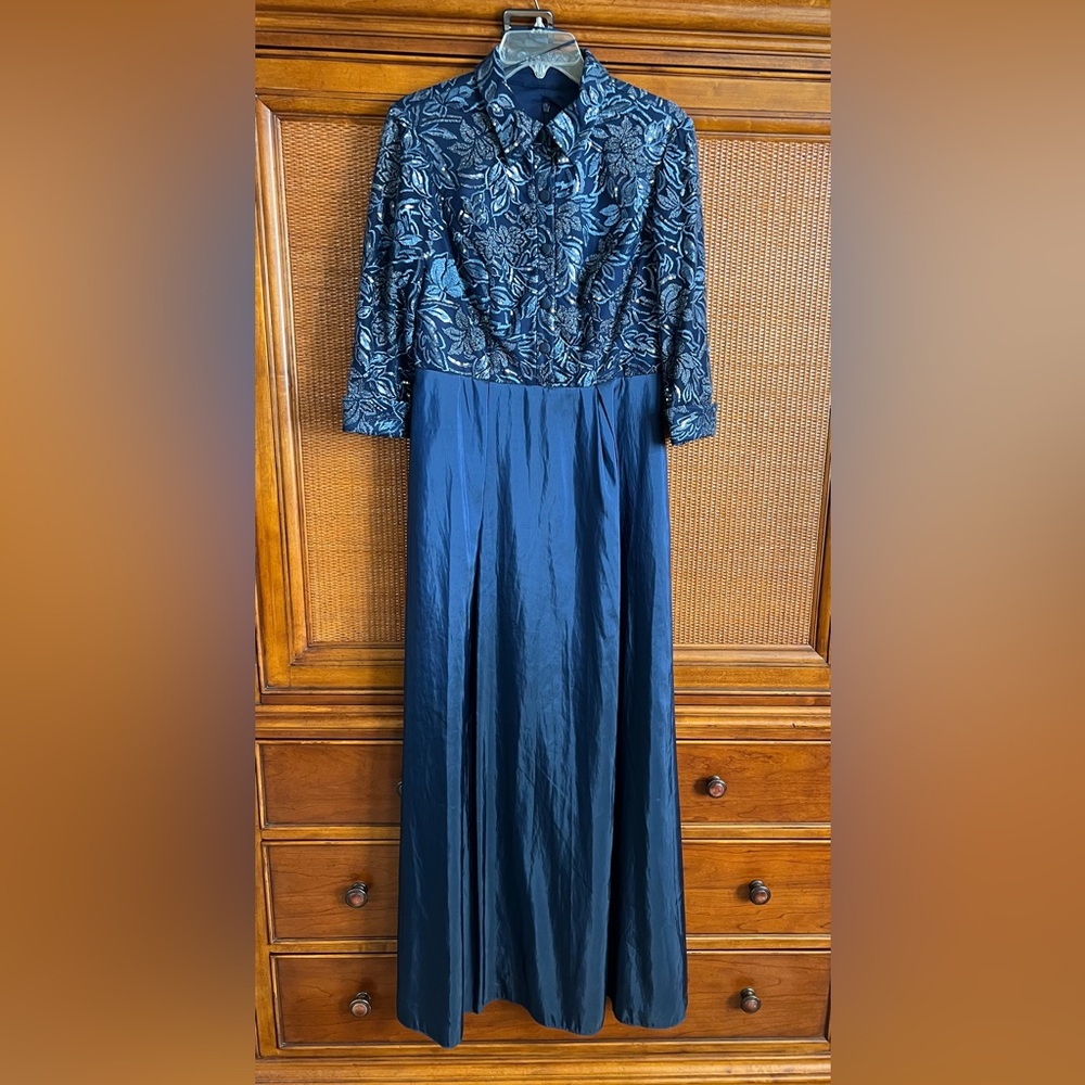 Alex Evenings Navy Blue Floral Bodice Maxi Dress